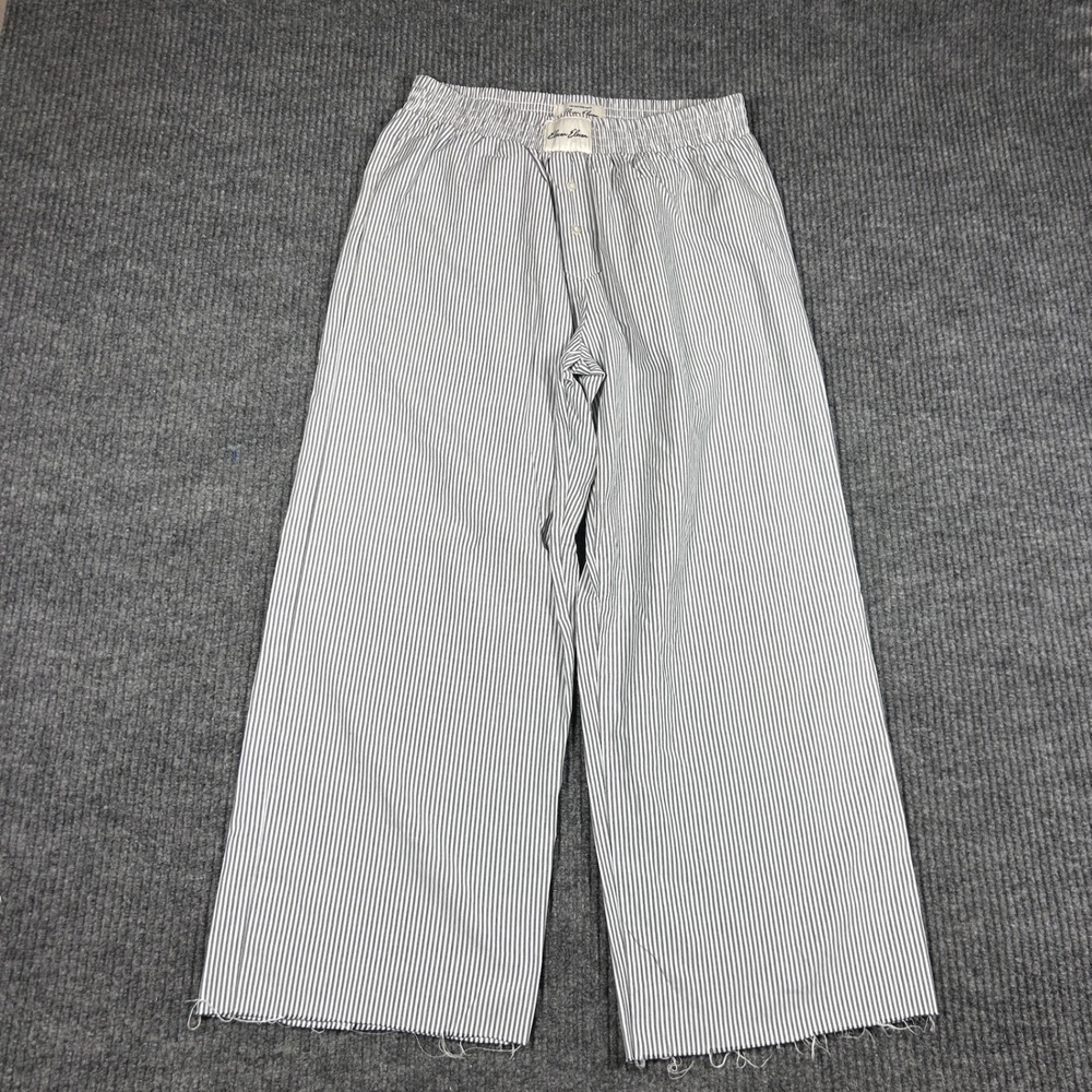 Eleven Eleven Pants Women M Striped Wide Leg Gray White Elastic Waist Raw Hem